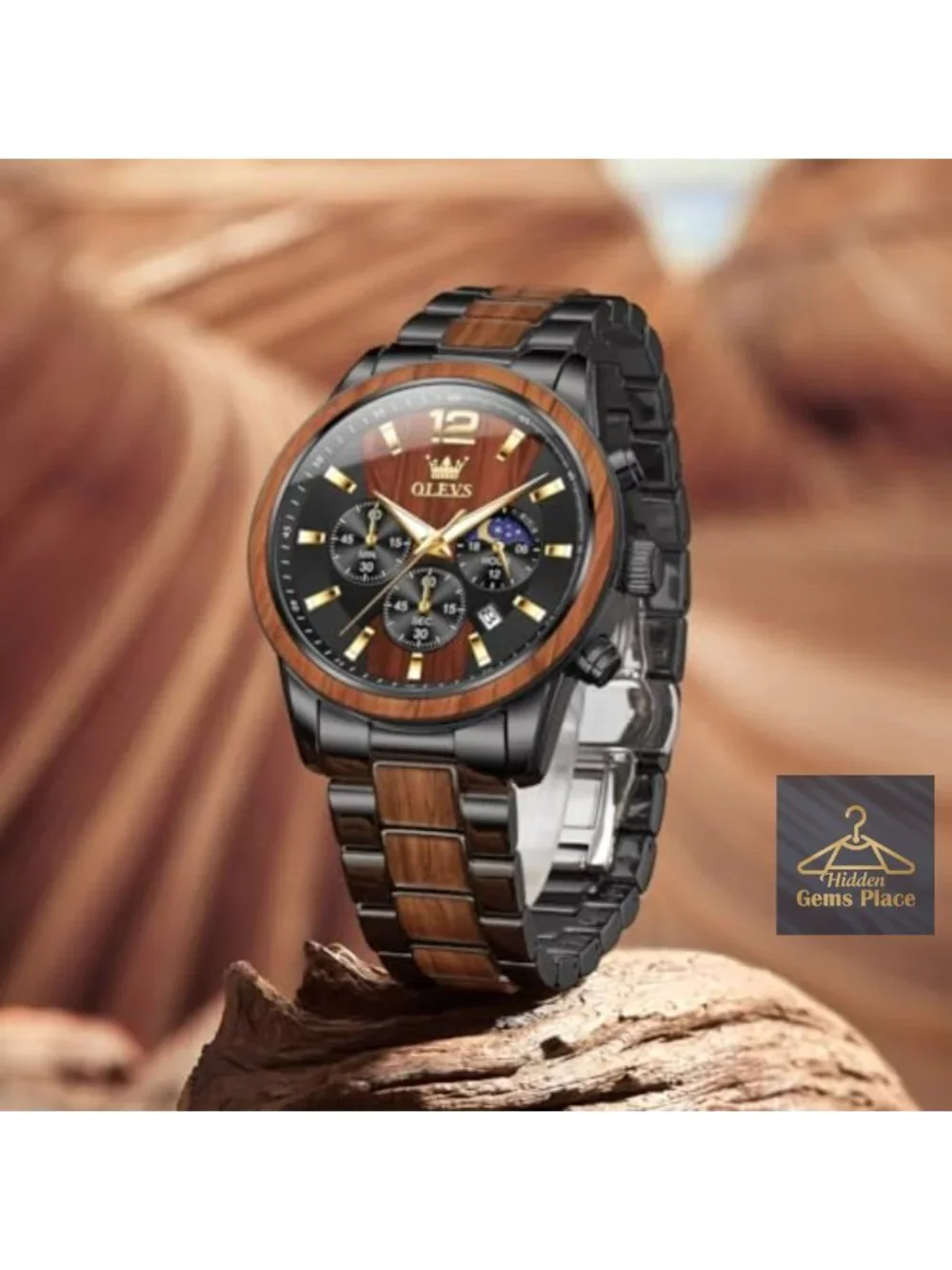 Wooden Men's Dress Chronograph Watch Quartz Analog Stainless Steel Waterproof